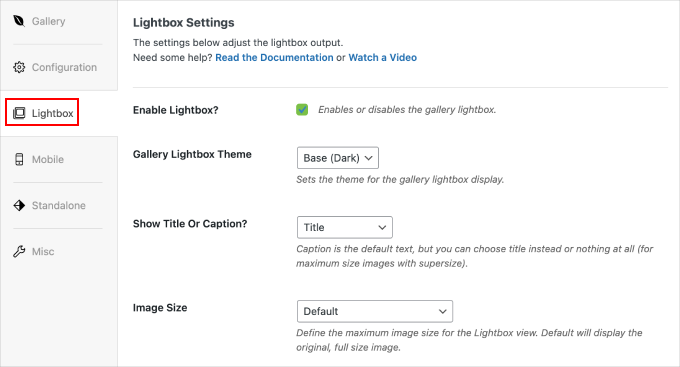 Envira Galleryライトボックス設定