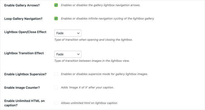 Envira Galleryライトボックス設定ページ