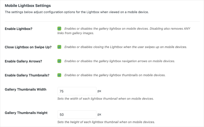 Envira Gallery モバイルライトボックス機能設定