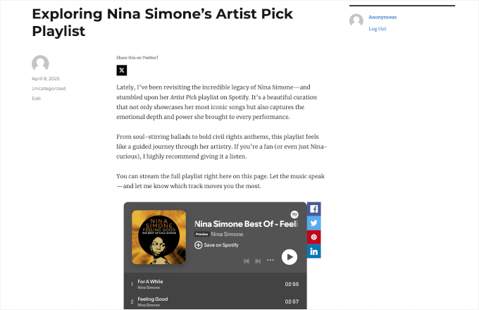 ライブサイトでのEmbedPressのSpotifyプレーヤー