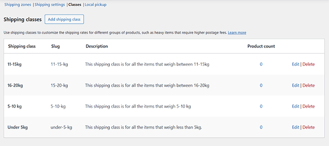 Preview of shipping classes based on weight Preview of shipping classes based on weight
