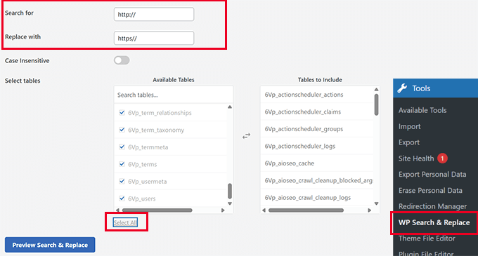 Search and replace http URLs in WordPress