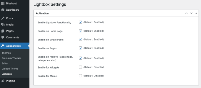 Simple Lightboxの設定ページ