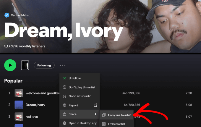 アーティストへのリンクをコピーボタン