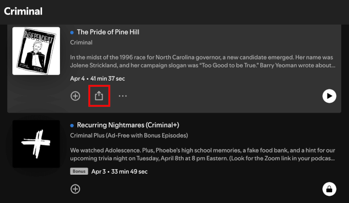 ポッドキャストエピソードを共有するための共有ボタン
