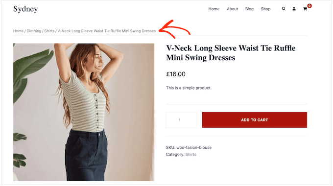 An example of breadcrumb navigation, created using the Sydney multi-purpose WordPress theme 