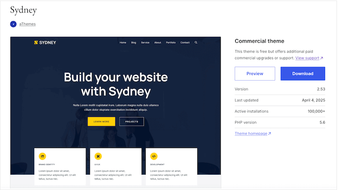 The free Sydney WordPress theme