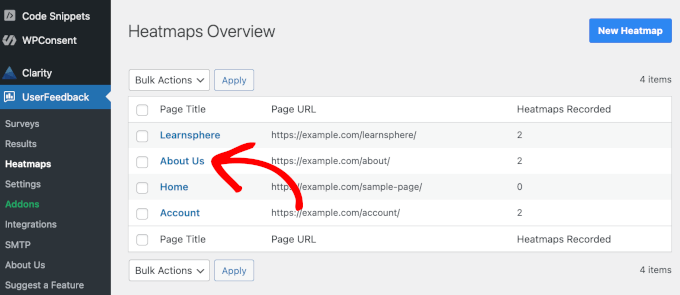 Clicking on a UserFeedback heatmap