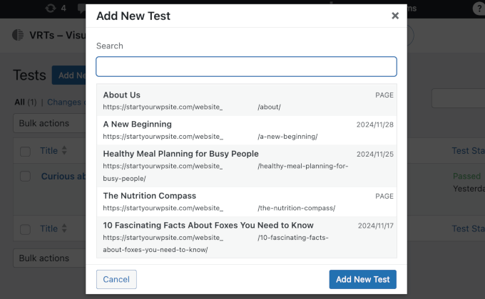 VRTs' add new test popup VRTs' add new test popup