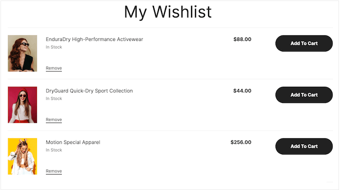 An example of a wish-list, created using the Botiga WordPress theme