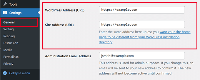 WordPress site URL settings