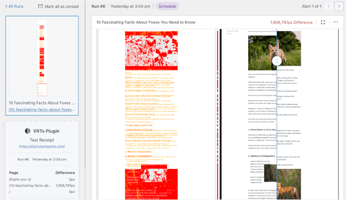Visual regression testing showing a side by side comparison of design changes