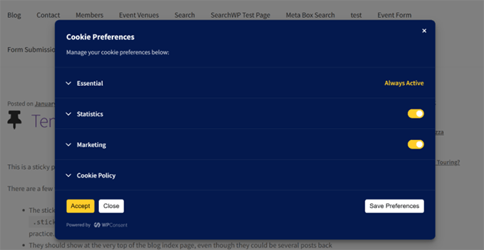 WPConsent prefrences panel