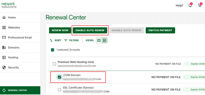 Enable auto-renew in Network Solutions