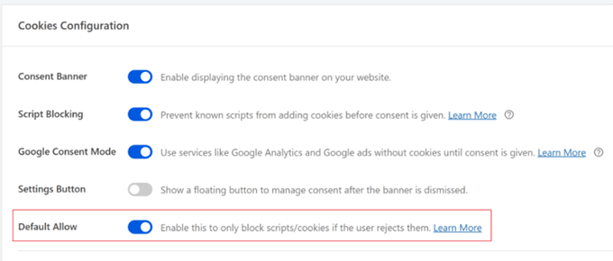 WPConsent default allow option