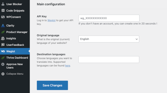 Weglot plugin's main configuration page Weglot plugin's main configuration page