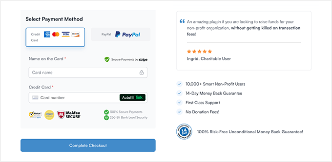 Charitable payment and complete purchase successfully