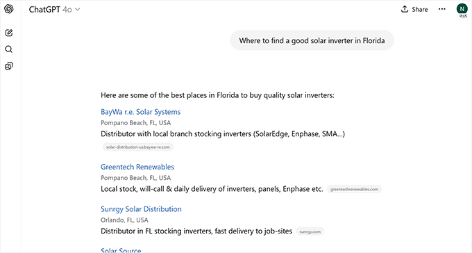 ChatGPT showing search results for a transactional search phrase ChatGPT showing search results for a transactional search phrase