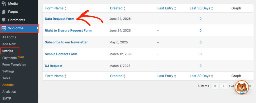 Viewing data requests in the WordPress dashboard