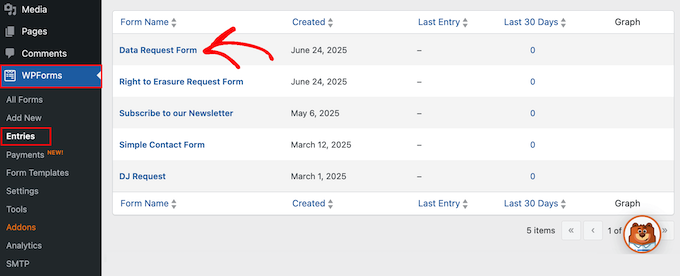 Managing data erasure requests in the WordPress dashboard