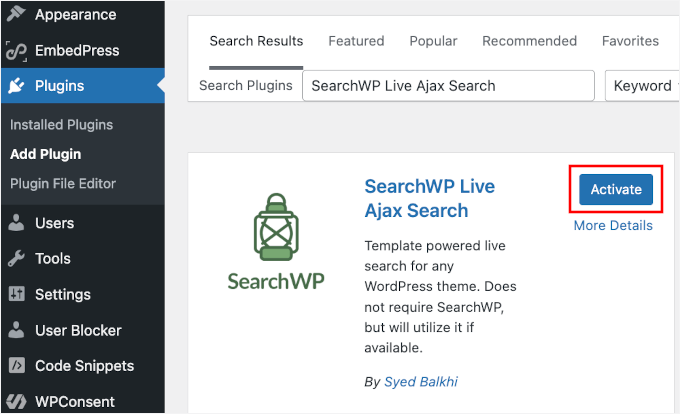 Activarea pluginului SearchWP Live Ajax Search