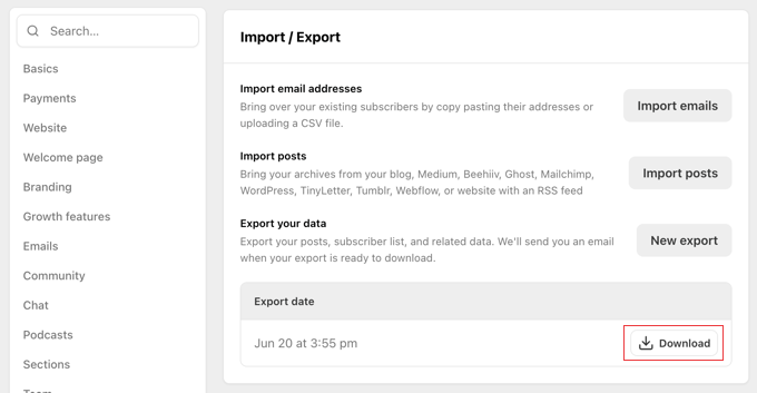 エクスポートされたSubstackデータをコンピューターにダウンロードする