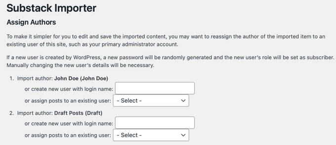 インポートされたSubstack投稿への作成者の割り当て