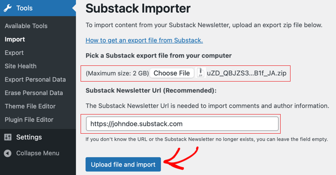Substack インポーターページ