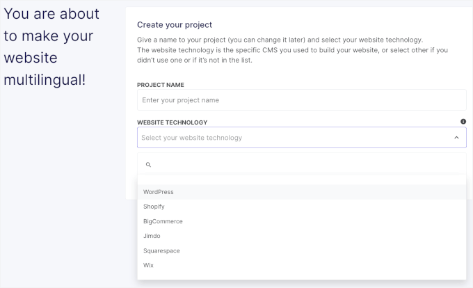 Entering project name and choosing the CMS Entering project name and choosing the CMS