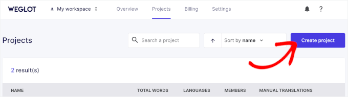 Weglot's create project button Weglot's create project button