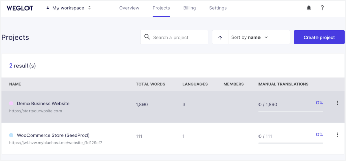 Selecting a project to configure translations Selecting a project to configure translations