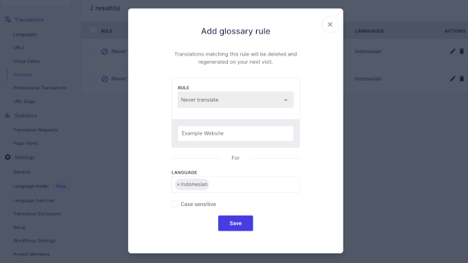 Add glossary rule popup Add glossary rule popup