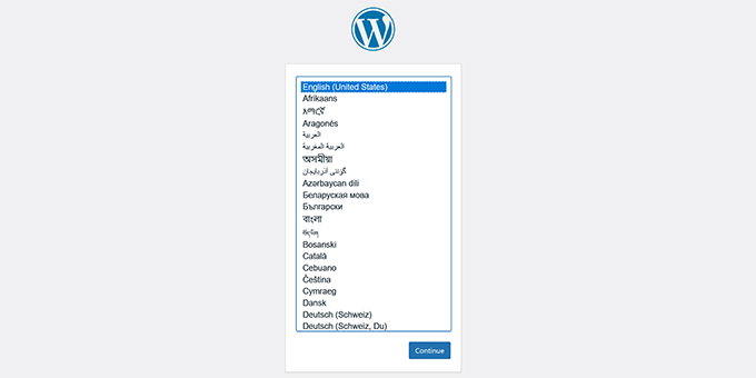 WordPress installation wizard