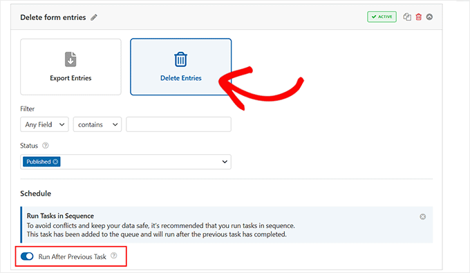 Add the Delete Form Entries task in WPForms