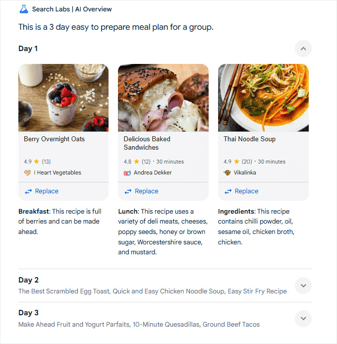 AI overview answering a longer, advanced query about creating a meal plan