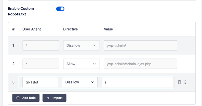 Adding a Custom Robots.txt Rule Using AIOSEO