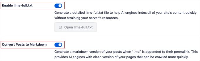 Abilitazione di llms-full e conversione in markdown in AIOSEO