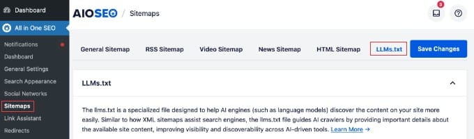 Impostazioni LMMs.txt in AIOSEO
