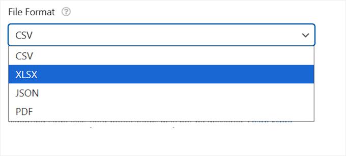 Choose a file format for export files in WPForms