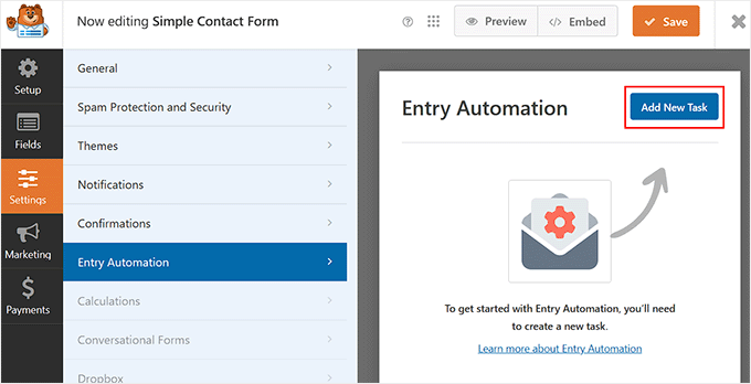 Click the Add New Task button in WPForms