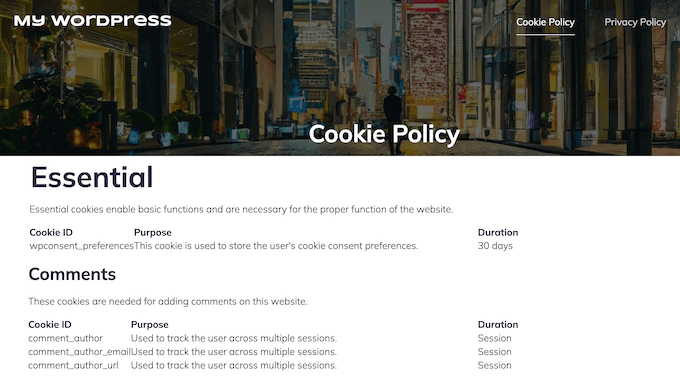 An example of a cookie policy, added to WordPress using WPConsent