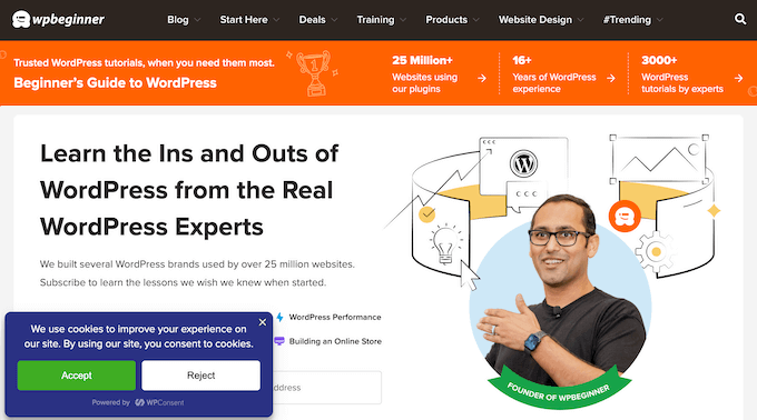 An example of a cookie banner, created using WPConsent 