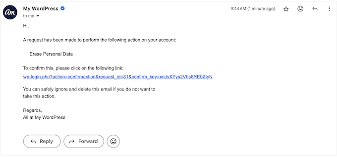 WordPressが作成したデータコンプライアンスメールの例