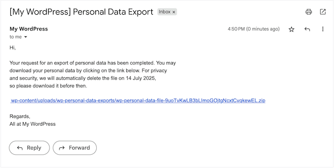 データアクセスリクエスト完了の例