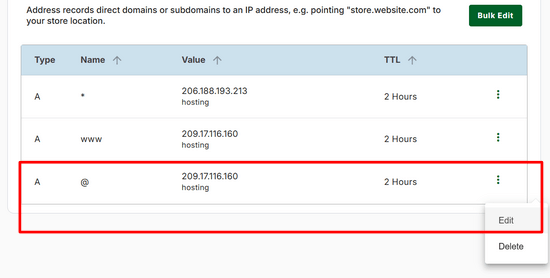 Changing A record settings