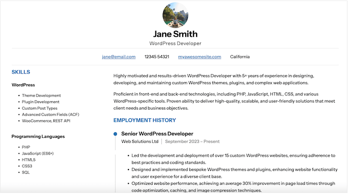 An example of an online resume, created using a free WordPress plugin
