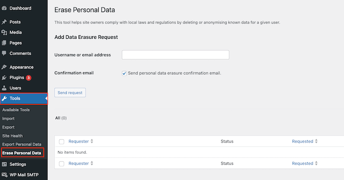 How to access the built-in WordPress Erase Personal Data tool