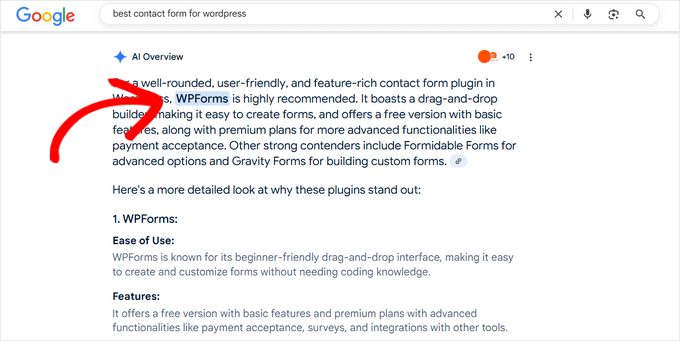 WPForms mentioned in the top of Google AI overview