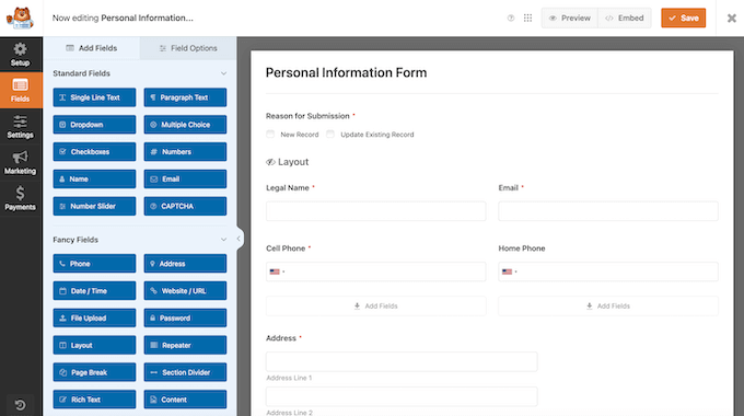 Editing a privacy compliance form in the WPForms drag-and-drop interface