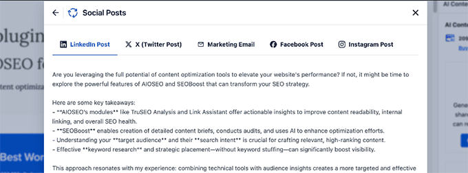 Generating social content using AIOSEO's AI content generator
